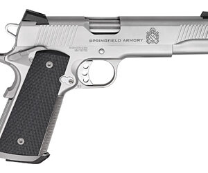 Silver 1911-style semi-automatic pistol with black textured grip and Springfield Armory branding.