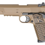 Tan semi-automatic pistol shown from the side with a textured grip and black trigger.