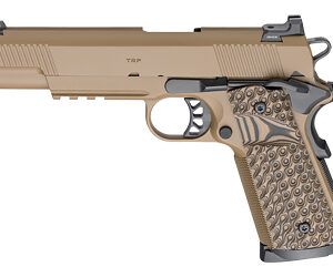 Tan semi-automatic pistol shown from the side with a textured grip and black trigger.
