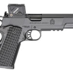Semi-automatic pistol with textured grip and a mounted red-dot sight, Springfield Armory branding visible on the slide.