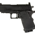 Side view of a black semi-automatic pistol with a textured grip and trigger guard.