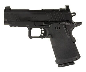Side view of a black semi-automatic pistol with a textured grip and trigger guard.