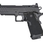 Semi-automatic pistol shown in side view with a black grip and textured slide surface.