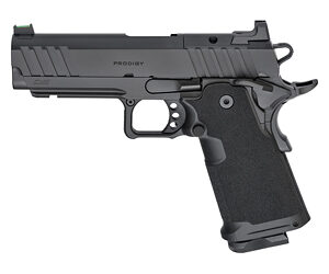 Semi-automatic pistol shown in side view with a black grip and textured slide surface.