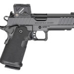 Semi-automatic pistol with a mounted optic and textured grip viewed from the side.