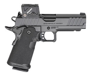 Semi-automatic pistol with a mounted optic and textured grip viewed from the side.