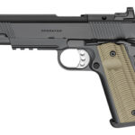 Semi-automatic pistol with a black slide and tan textured grip, shown in right-side profile.