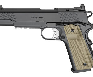 Semi-automatic pistol with a black slide and tan textured grip, shown in right-side profile.