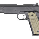 Side view of a black semi-automatic pistol with a tan grip panels.