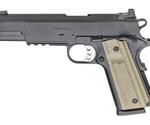 Side view of a black semi-automatic pistol with a tan grip panels.
