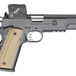 Semi-automatic handgun with tan grip and mounted red-dot sight.