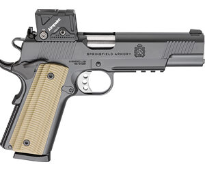 Semi-automatic handgun with tan grip and mounted red-dot sight.