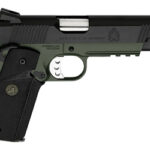 Semi-automatic pistol with a green frame and black slide, shown in side view with a textured grip.