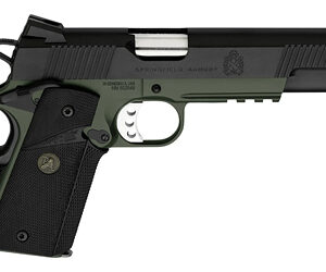 Semi-automatic pistol with a green frame and black slide, shown in side view with a textured grip.