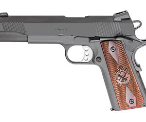Semi-automatic pistol shown in left-side profile with a gray frame and brown textured grip.