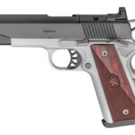 Side view of a gray-and-black semi-automatic pistol with brown wooden grip panels and checkering.