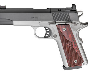 Side view of a gray-and-black semi-automatic pistol with brown wooden grip panels and checkering.