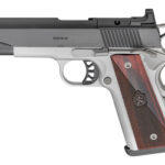 Ronin semi-automatic pistol with gray frame, black slide, and brown checkered grips