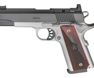 Ronin semi-automatic pistol with gray frame, black slide, and brown checkered grips