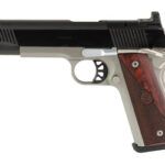 Side view of a semi-automatic pistol with a black slide and brown wooden grip panels (silver frame).