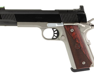 Side view of a semi-automatic pistol with a black slide and brown wooden grip panels (silver frame).