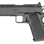 Left-profile view of a black semi-automatic pistol with textured grip and accessory rail under the barrel.