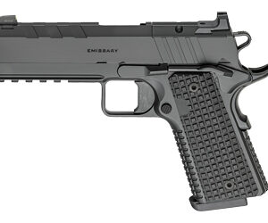 Left-profile view of a black semi-automatic pistol with textured grip and accessory rail under the barrel.