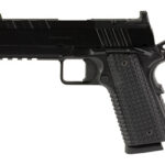 Black semi-automatic handgun shown in profile with textured grip and accessory rail on top edge of the slide