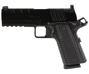 Black semi-automatic handgun shown in profile with textured grip and accessory rail on top edge of the slide