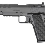 Side view of a black semi-automatic pistol with a textured grip and accessory rail under the barrel.