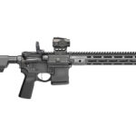 AR-15 style semi-automatic rifle with adjustable stock, long rail handguard, and mounted optic/sights