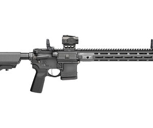 AR-15 style semi-automatic rifle with adjustable stock, long rail handguard, and mounted optic/sights