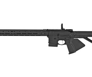 Black semi-automatic rifle with a long rail handguard, pistol grip, and adjustable stock