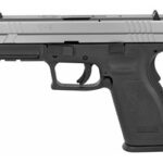 Side view of a semi-automatic pistol with a gray slide and black textured grip on a plain background.