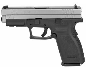 Side view of a semi-automatic pistol with a gray slide and black textured grip on a plain background.