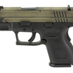 Side view of a tan and black subcompact semi-automatic handgun shown on a white background, left-facing.