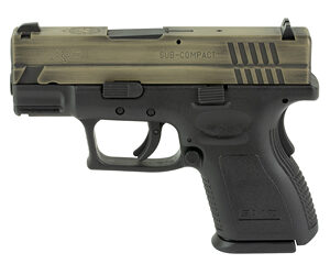 Side view of a tan and black subcompact semi-automatic handgun shown on a white background, left-facing.