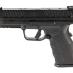 Black semi-automatic handgun with a top Picatinny rail, shown in profile from the left side.