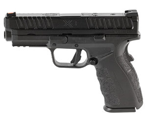 Black semi-automatic handgun with a top Picatinny rail, shown in profile from the left side.
