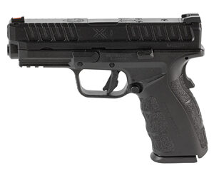 Black semi-automatic pistol with textured grip, side view on a white background.