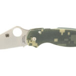 Folding knife with a silver drop-point blade and camo-green handle; blade is open.