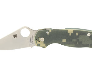 Folding knife with a silver drop-point blade and camo-green handle; blade is open.