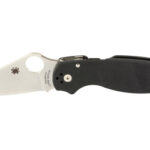 Open folding pocket knife with a black textured handle and silver blade extended.