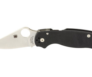 Open folding pocket knife with a black textured handle and silver blade extended.