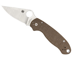 Folding pocket knife with a brown textured handle and a silver blade featuring a circular thumb hole.
