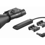 Tactical flashlight with a large reflector, detachable battery pack, mounting brackets, and a charging cord.