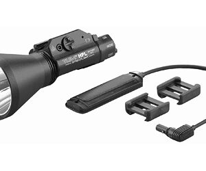 Tactical flashlight with a large reflector, detachable battery pack, mounting brackets, and a charging cord.