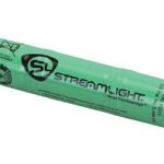 Green cylindrical Streamlight rechargeable battery with logo, showing end terminals and warning text along the body.