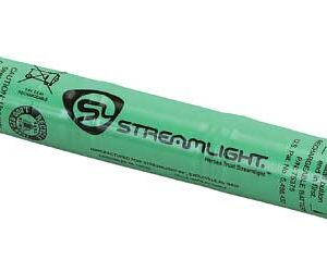 Green cylindrical Streamlight rechargeable battery with logo, showing end terminals and warning text along the body.
