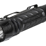 Black handheld flashlight with textured grip and metal pocket clip.